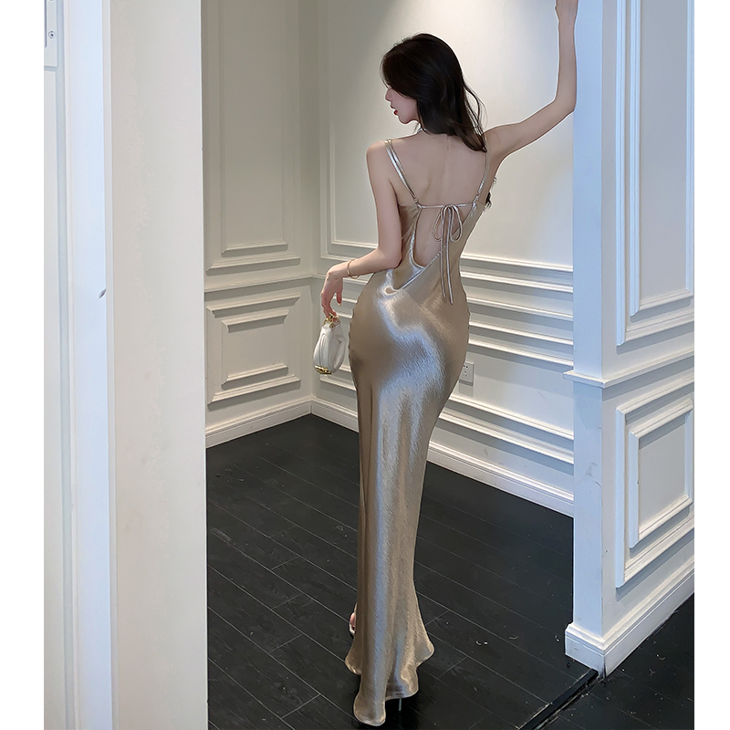 2026 Spring Summer Satin Cami Dress Women Champagne Long Bodycon Dress - Image 3