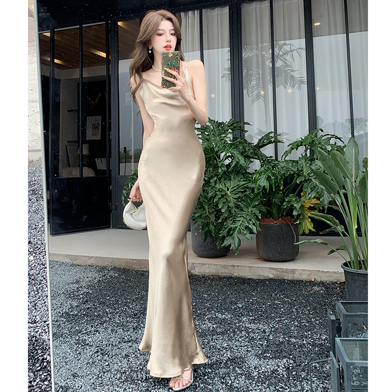 2026 Spring Summer Satin Cami Dress Women Champagne Long Bodycon Dress