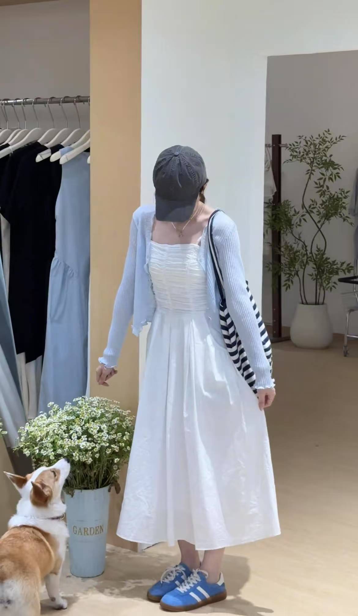 First Love Soft Pleated Cami Dress with Waist and A-Line Long Skirt Plus Simple Sun Protection Knit Cardigan Set