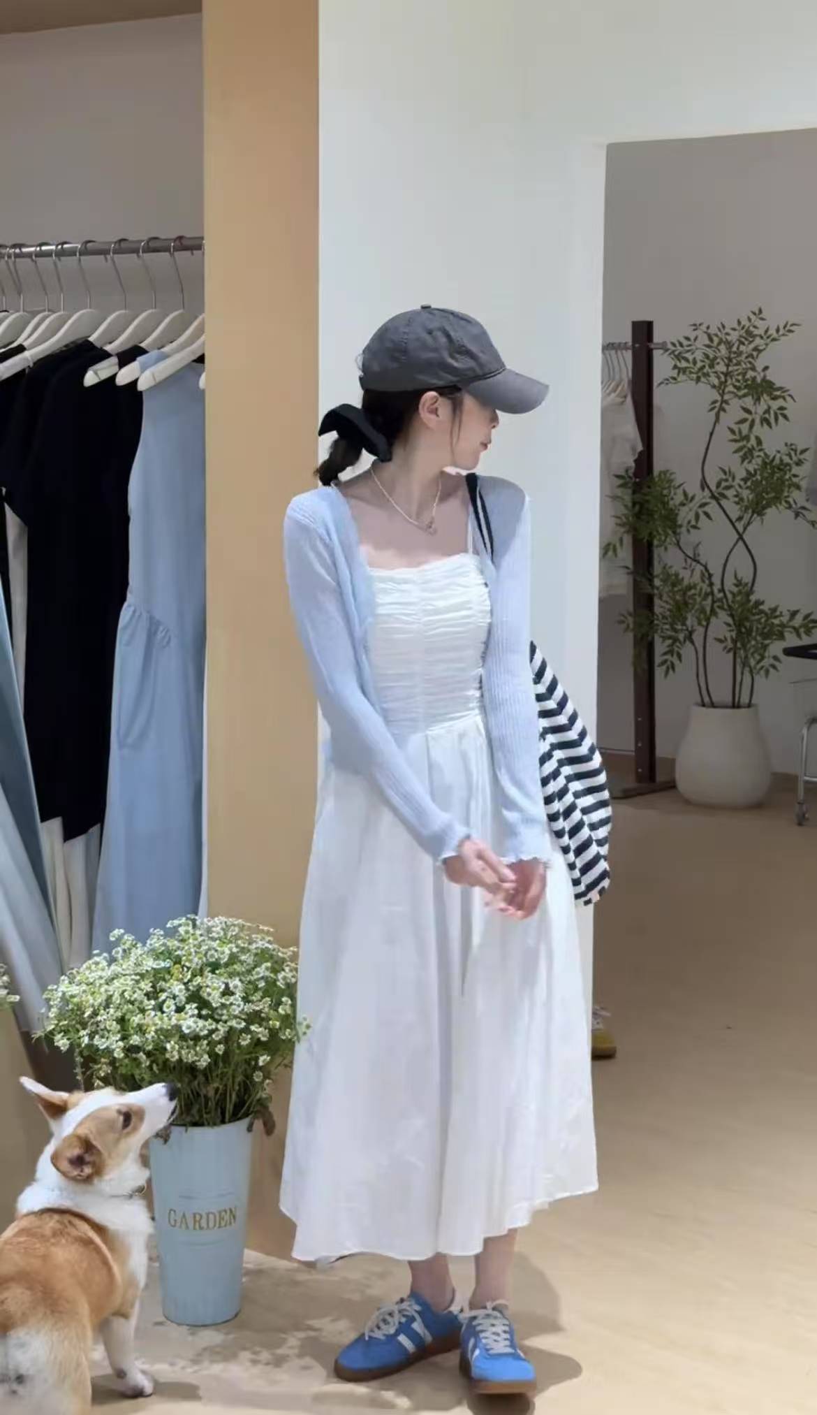 First Love Soft Pleated Cami Dress with Waist and A-Line Long Skirt Plus Simple Sun Protection Knit Cardigan Set - Image 2