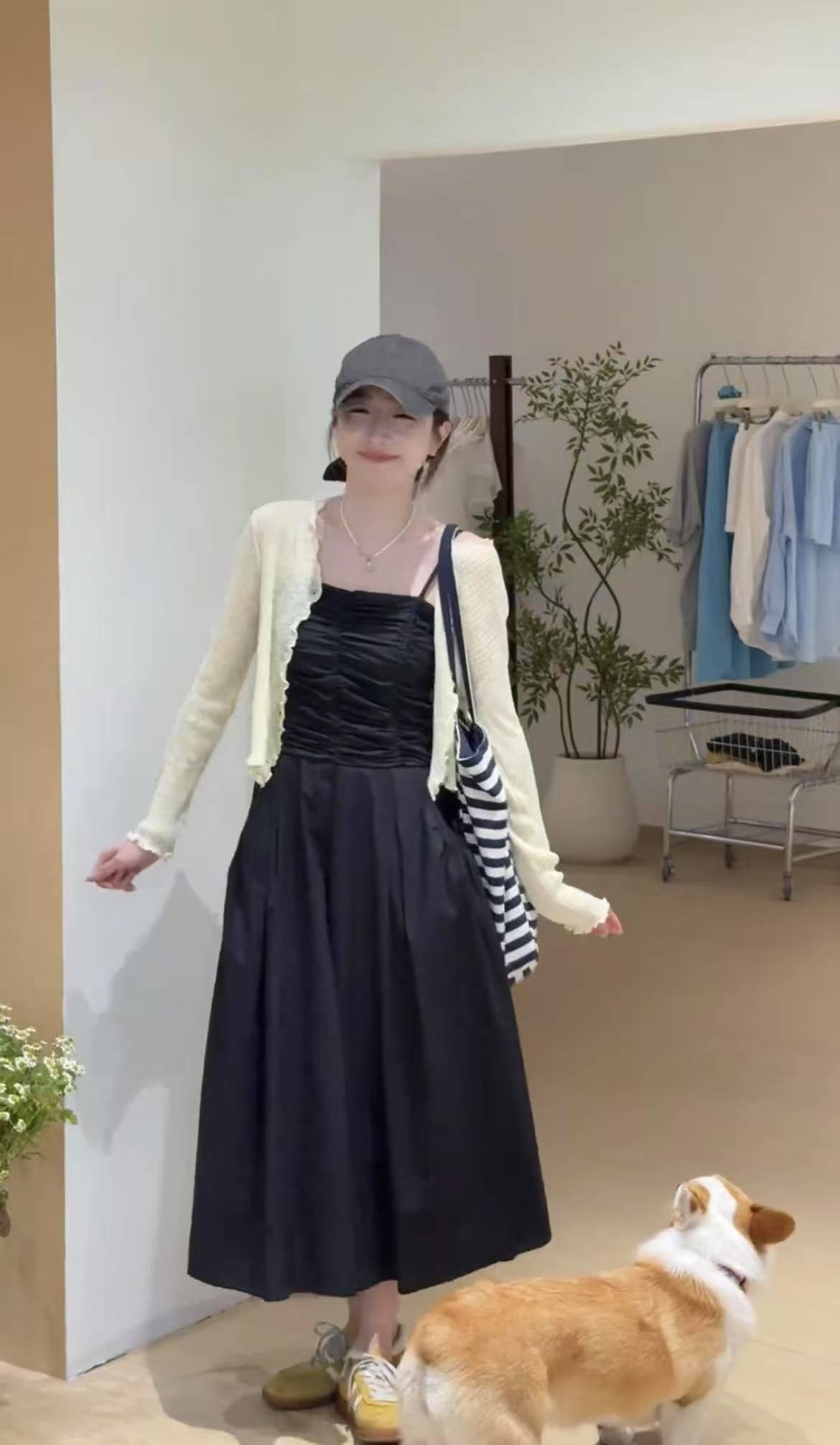 First Love Soft Pleated Cami Dress with Waist and A-Line Long Skirt Plus Simple Sun Protection Knit Cardigan Set - Image 3