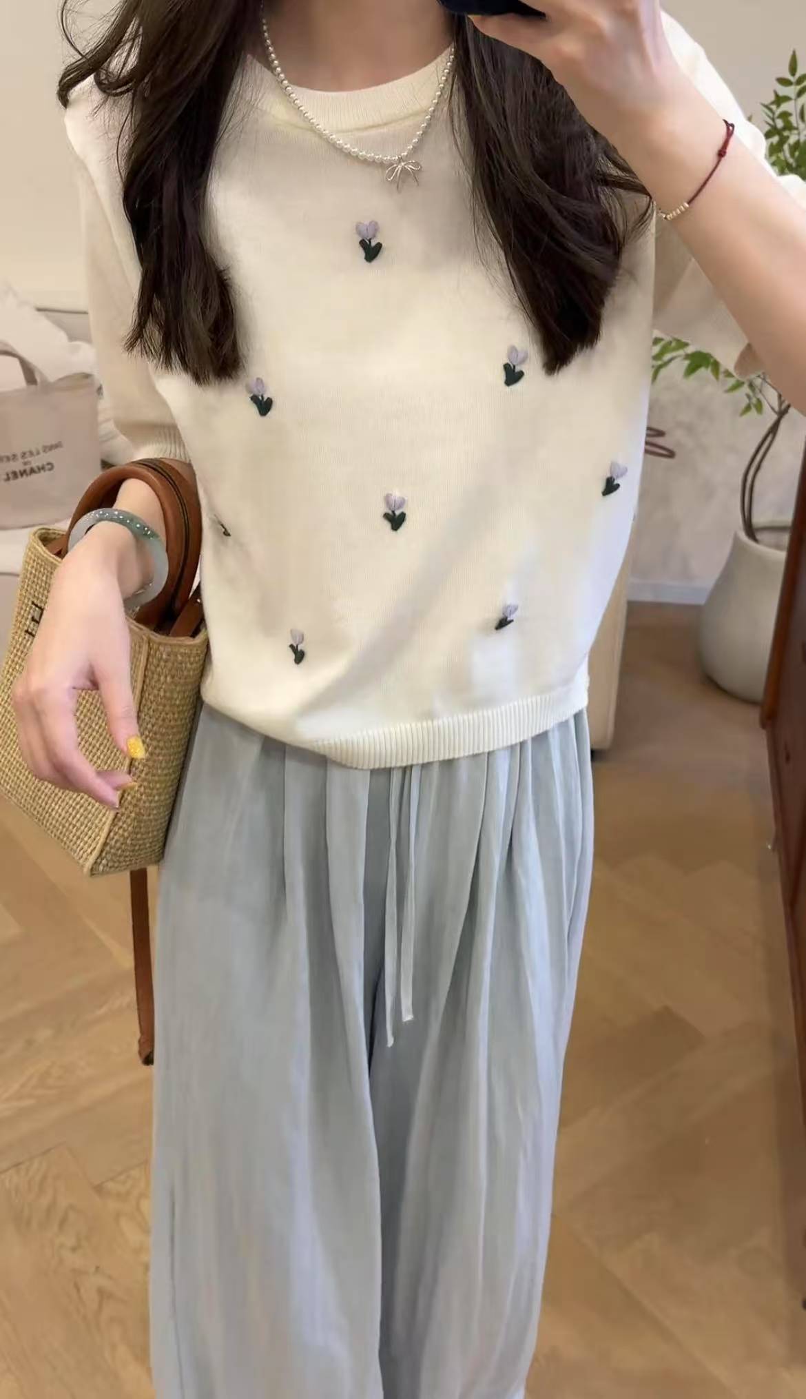 Tulip Korean Sweet Soft Short Sleeve Knit T-Shirt and Drawstring Casual Pants Set - Image 2