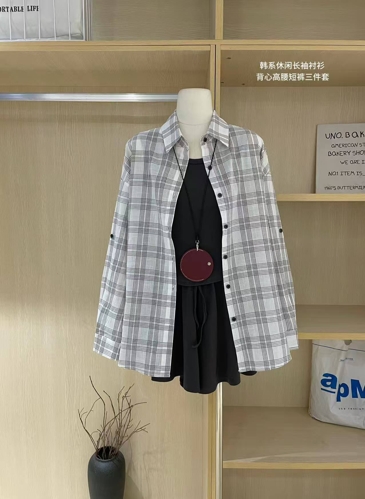 Korean Casual Summer Long Sleeve Shirt Vest High Waist Shorts Three Piece Set - Image 3