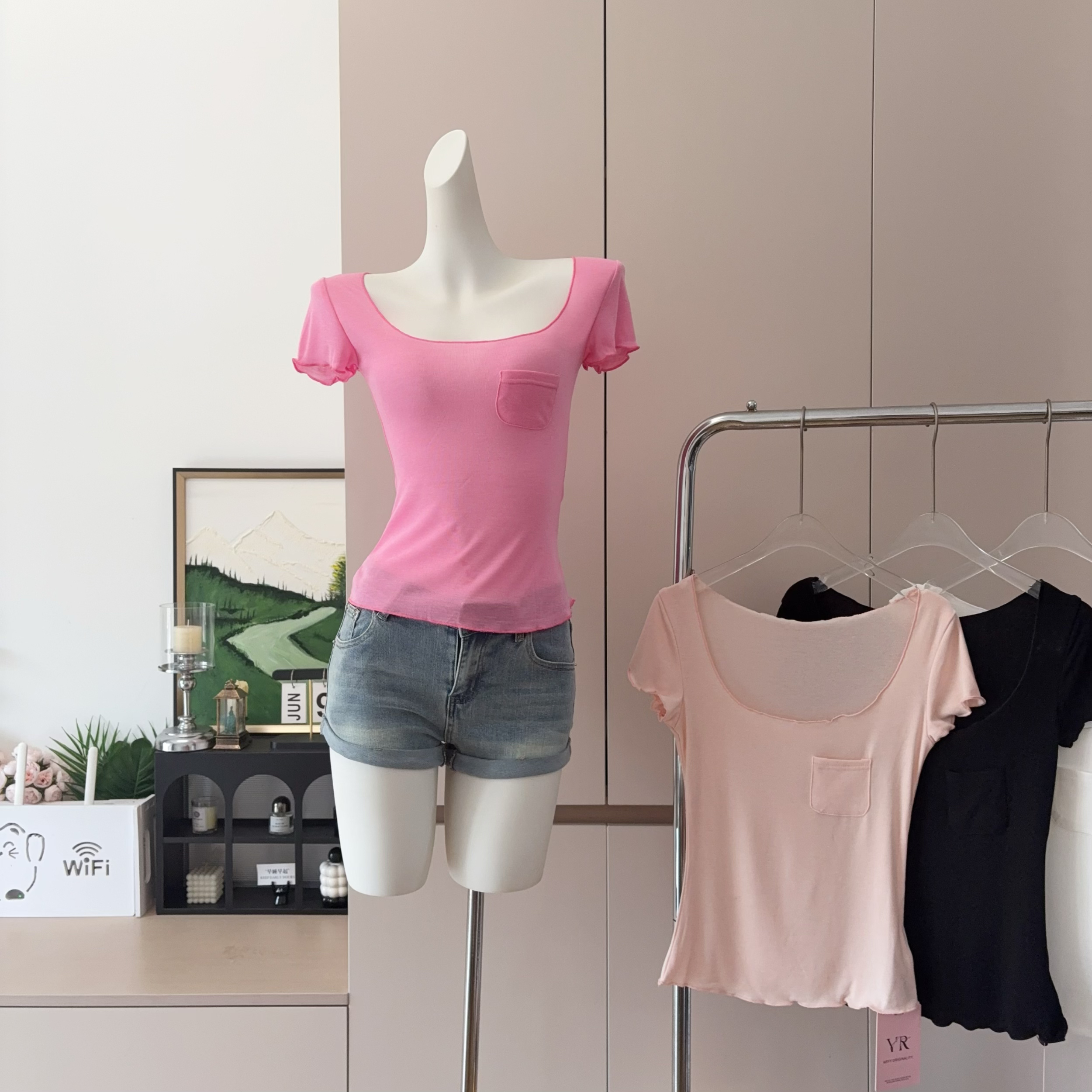 Women's Tencel Short Sleeve T-Shirt with Large Neckline and Ruffle Trim Slimming Casual Top