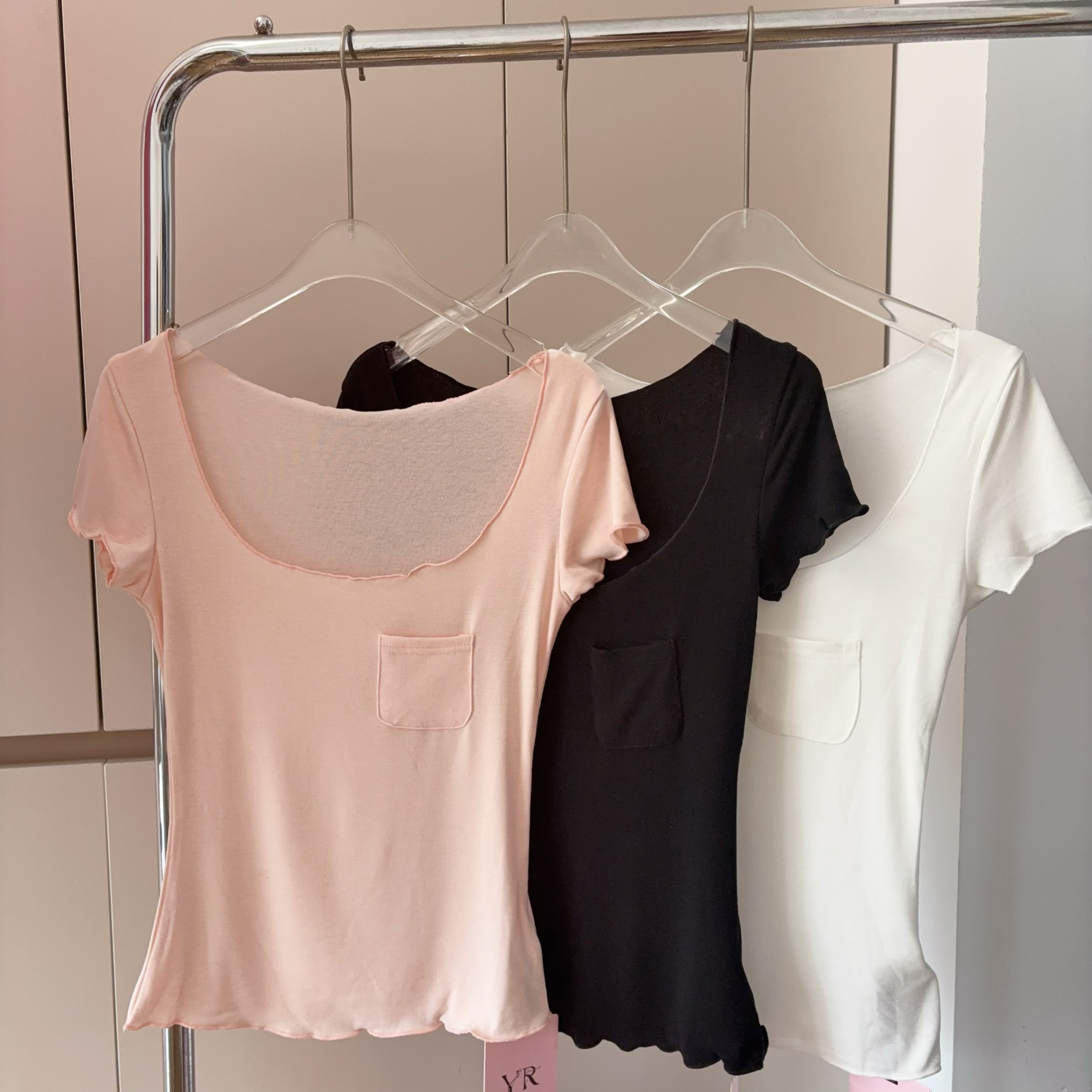 Women's Tencel Short Sleeve T-Shirt with Large Neckline and Ruffle Trim Slimming Casual Top - Image 2