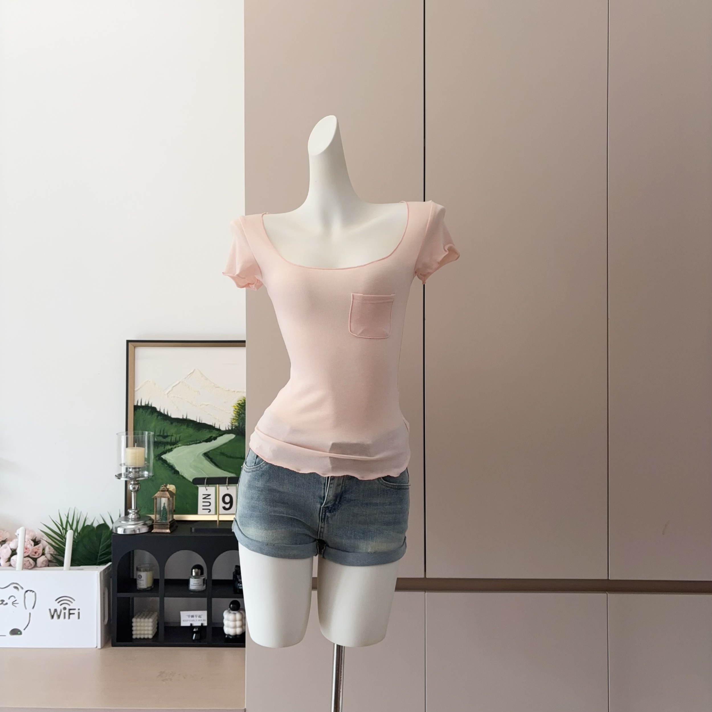 Women's Tencel Short Sleeve T-Shirt with Large Neckline and Ruffle Trim Slimming Casual Top - Image 3