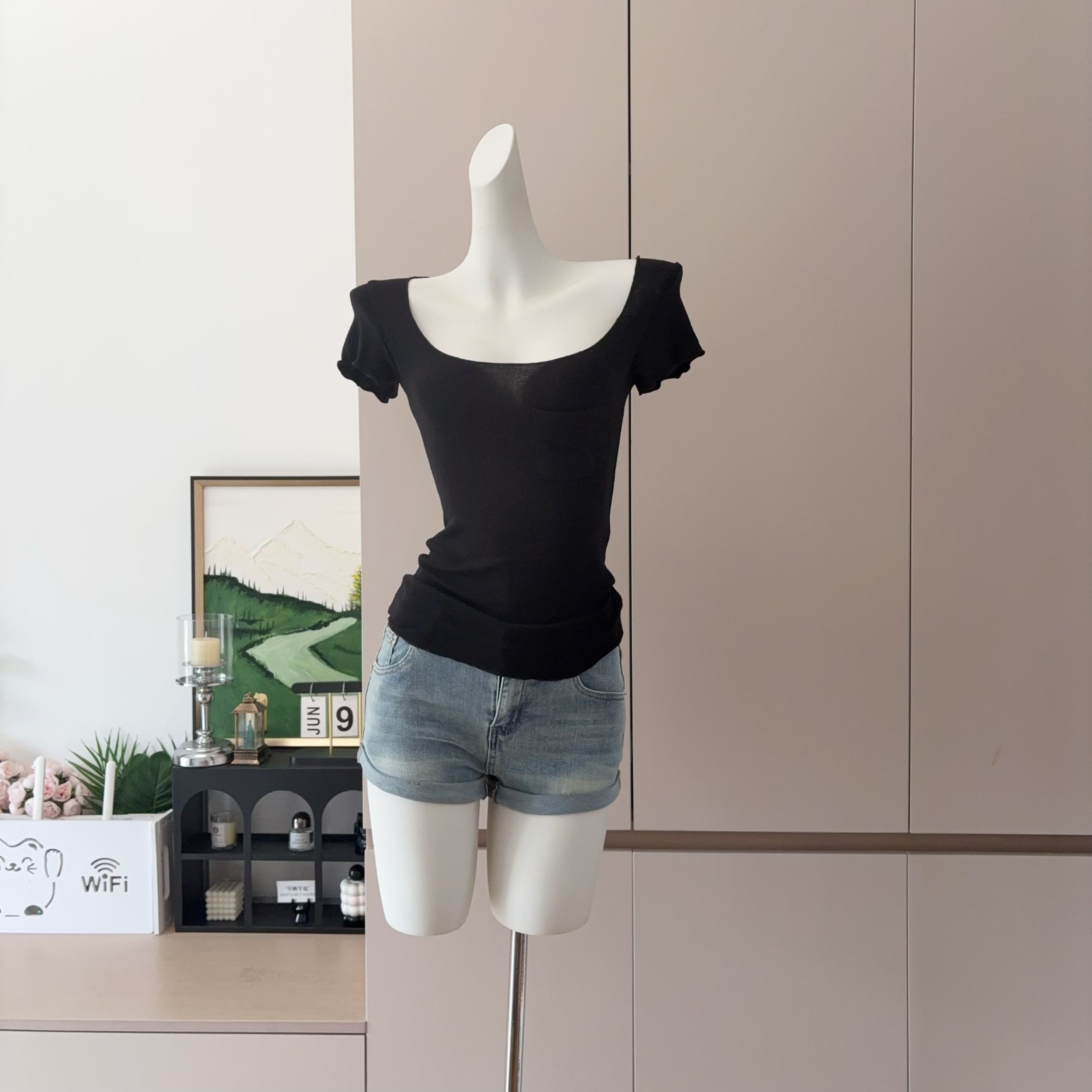 Women's Tencel Short Sleeve T-Shirt with Large Neckline and Ruffle Trim Slimming Casual Top - Image 4