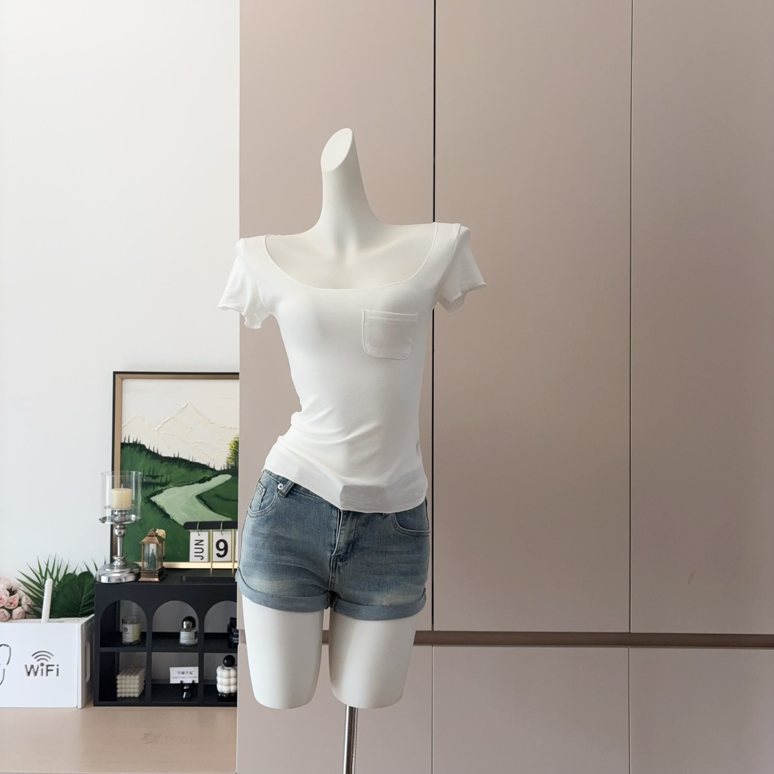 Women's Tencel Short Sleeve T-Shirt with Large Neckline and Ruffle Trim Slimming Casual Top - Image 5