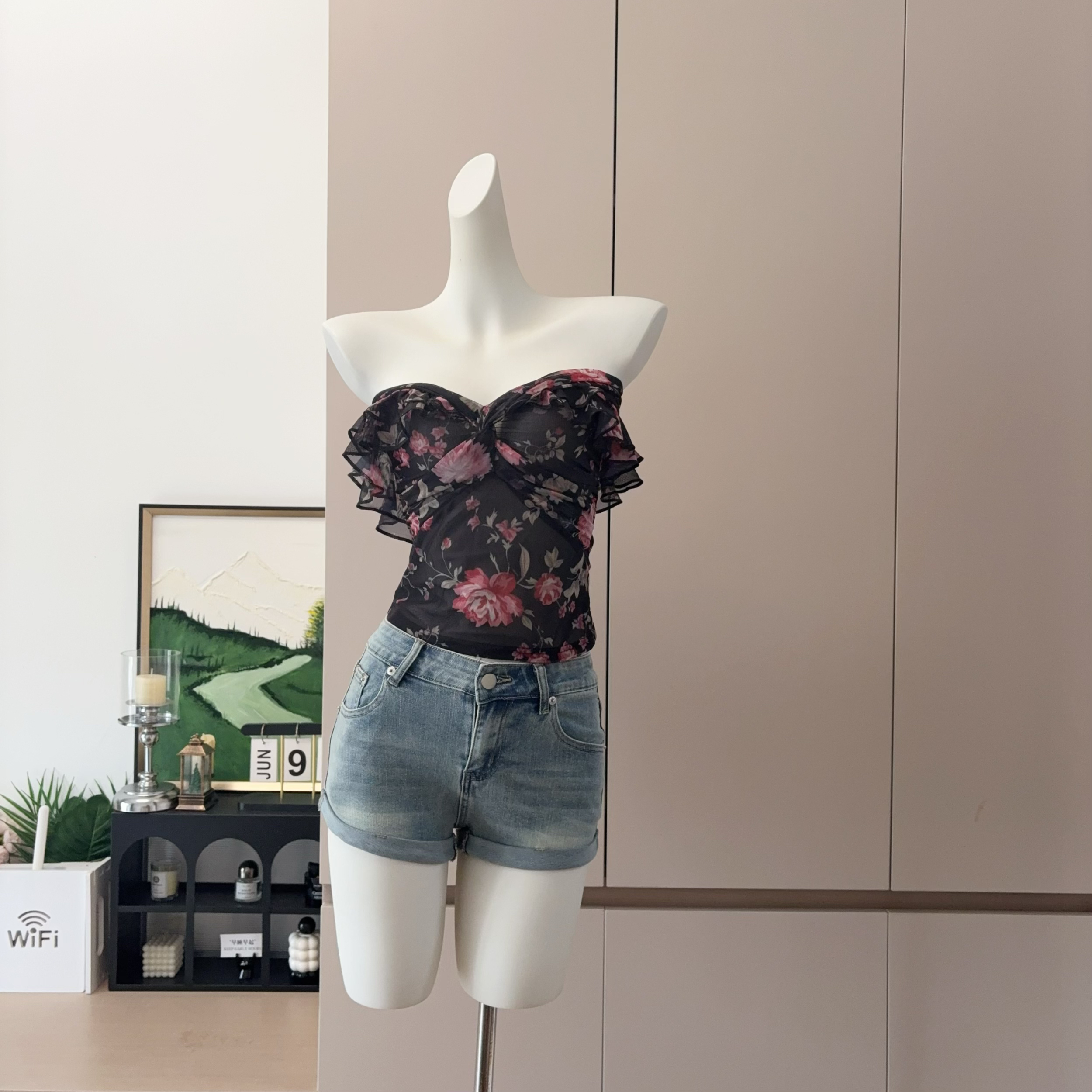 Women's Floral Print High Stretch Mesh Ruffle Slimming Top