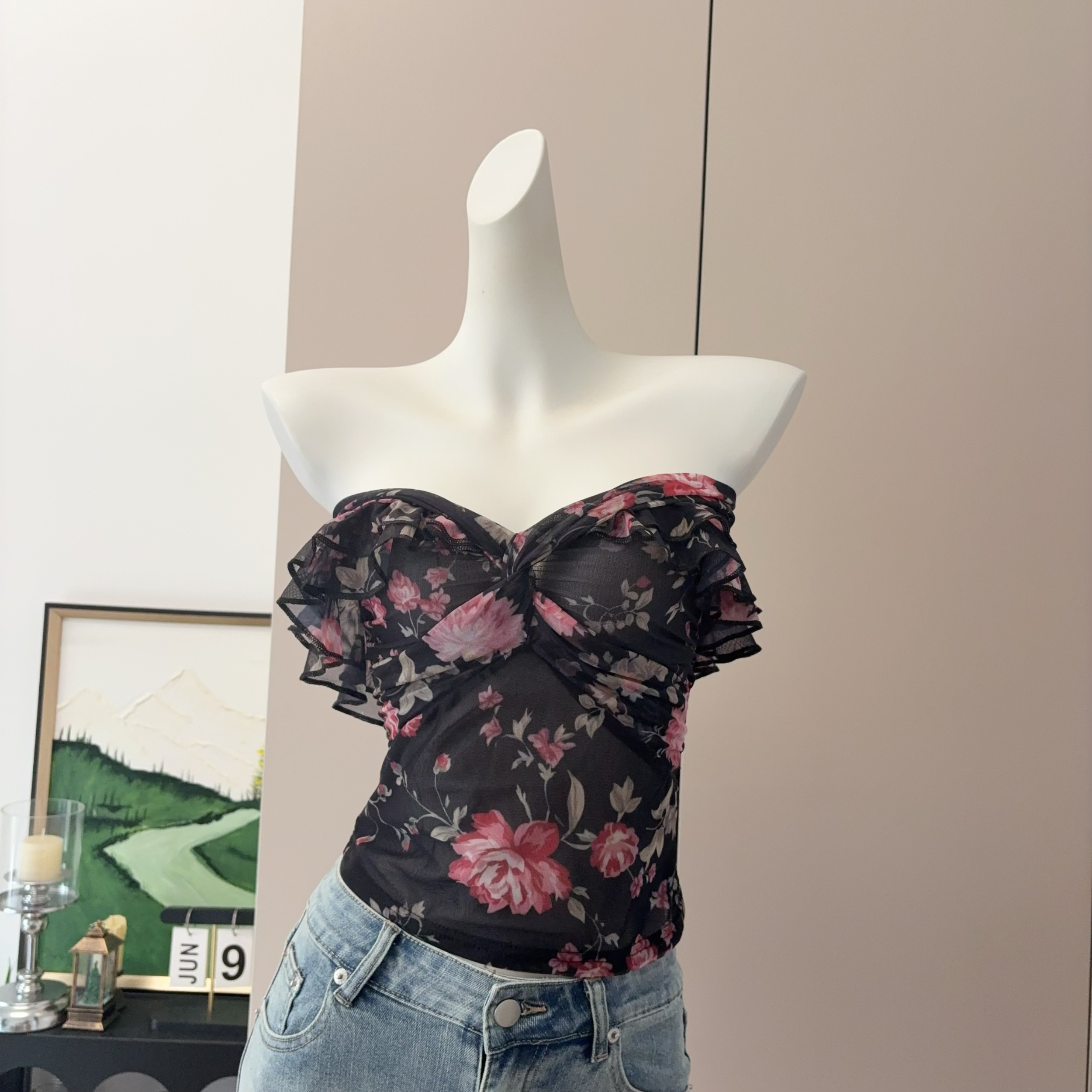 Women's Floral Print High Stretch Mesh Ruffle Slimming Top - Image 2
