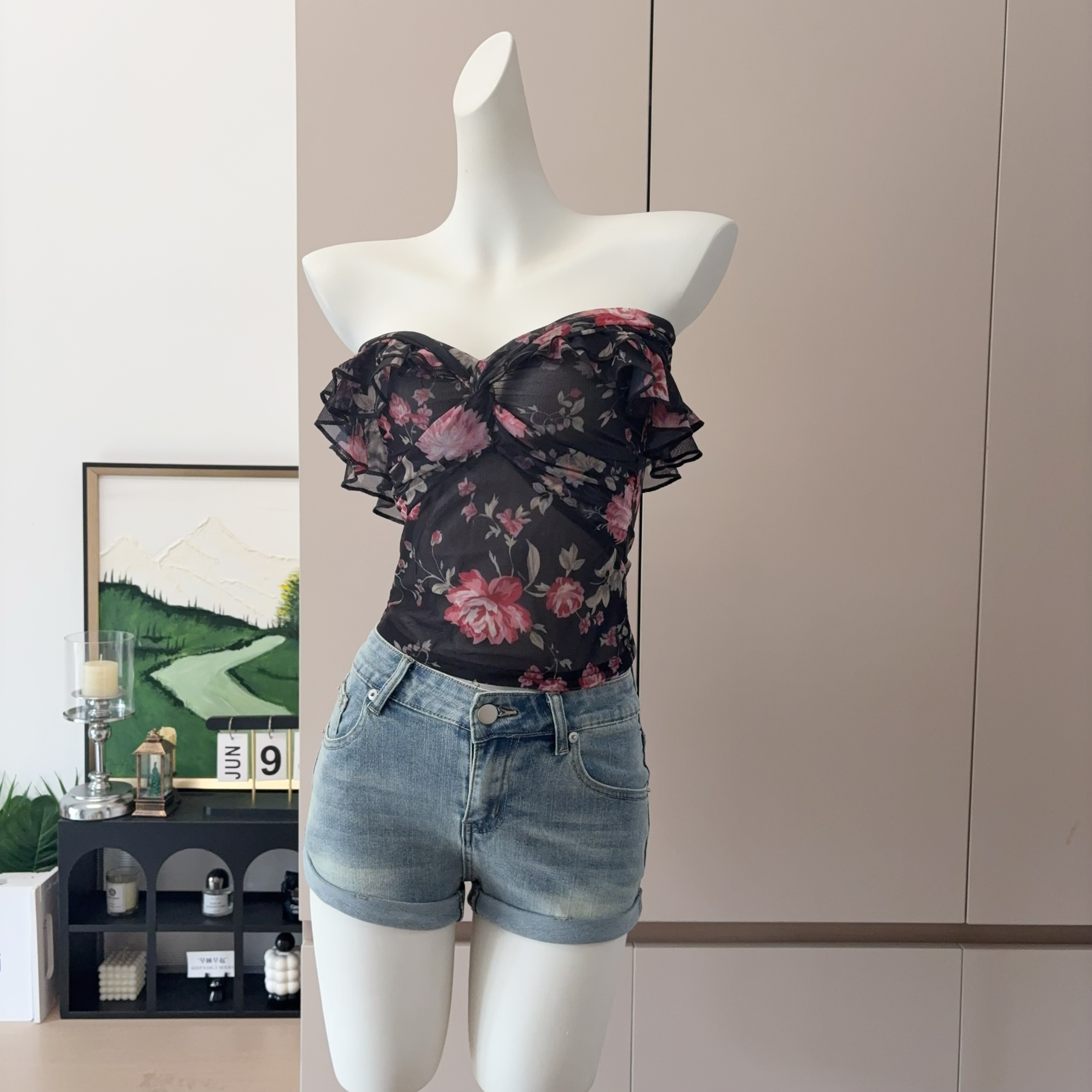 Women's Floral Print High Stretch Mesh Ruffle Slimming Top - Image 3