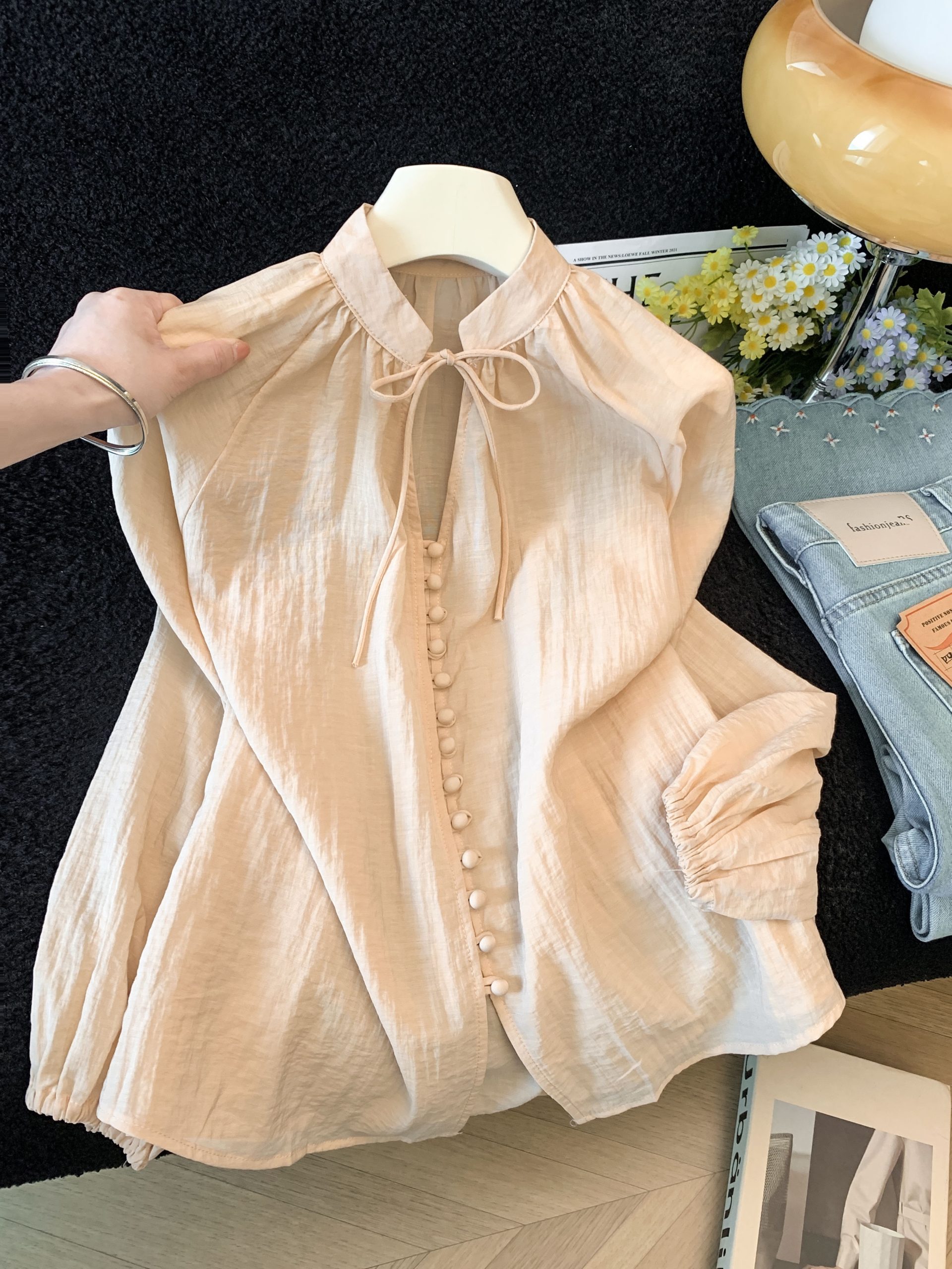Sheer V-Neck Long Sleeve Blouse with Lantern Sleeves and Button Placket