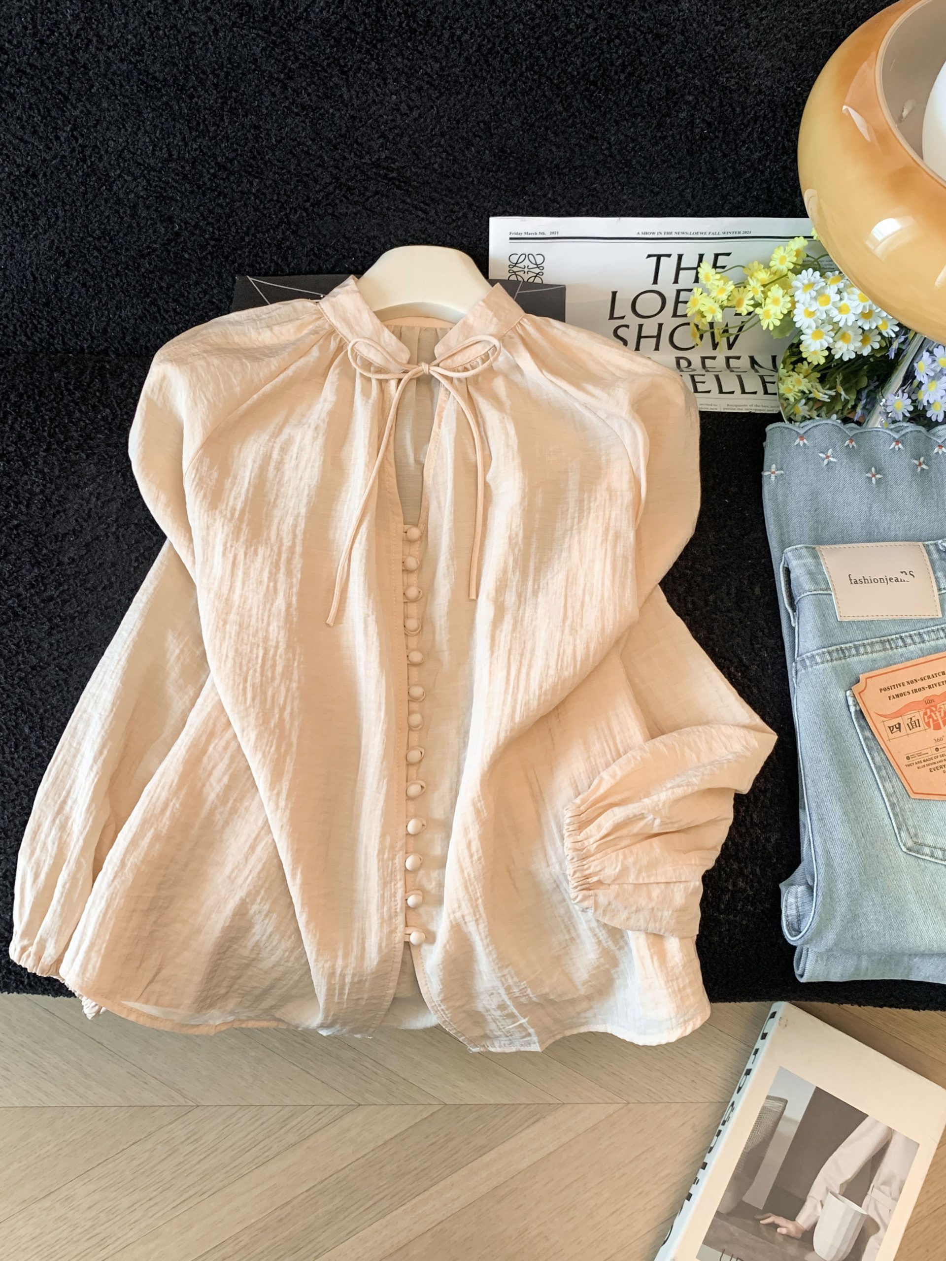 Sheer V-Neck Long Sleeve Blouse with Lantern Sleeves and Button Placket - Image 2