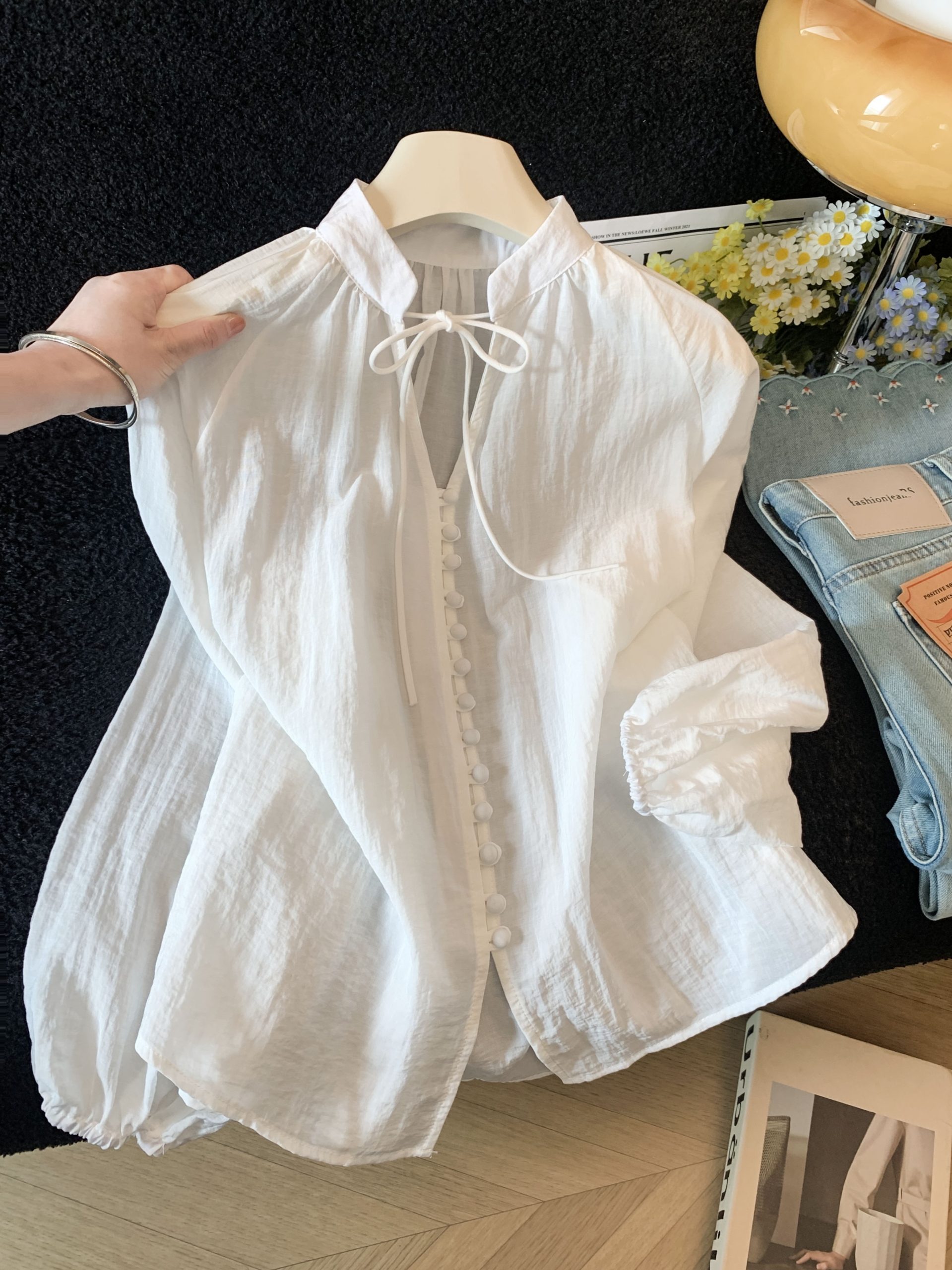 Sheer V-Neck Long Sleeve Blouse with Lantern Sleeves and Button Placket - Image 3