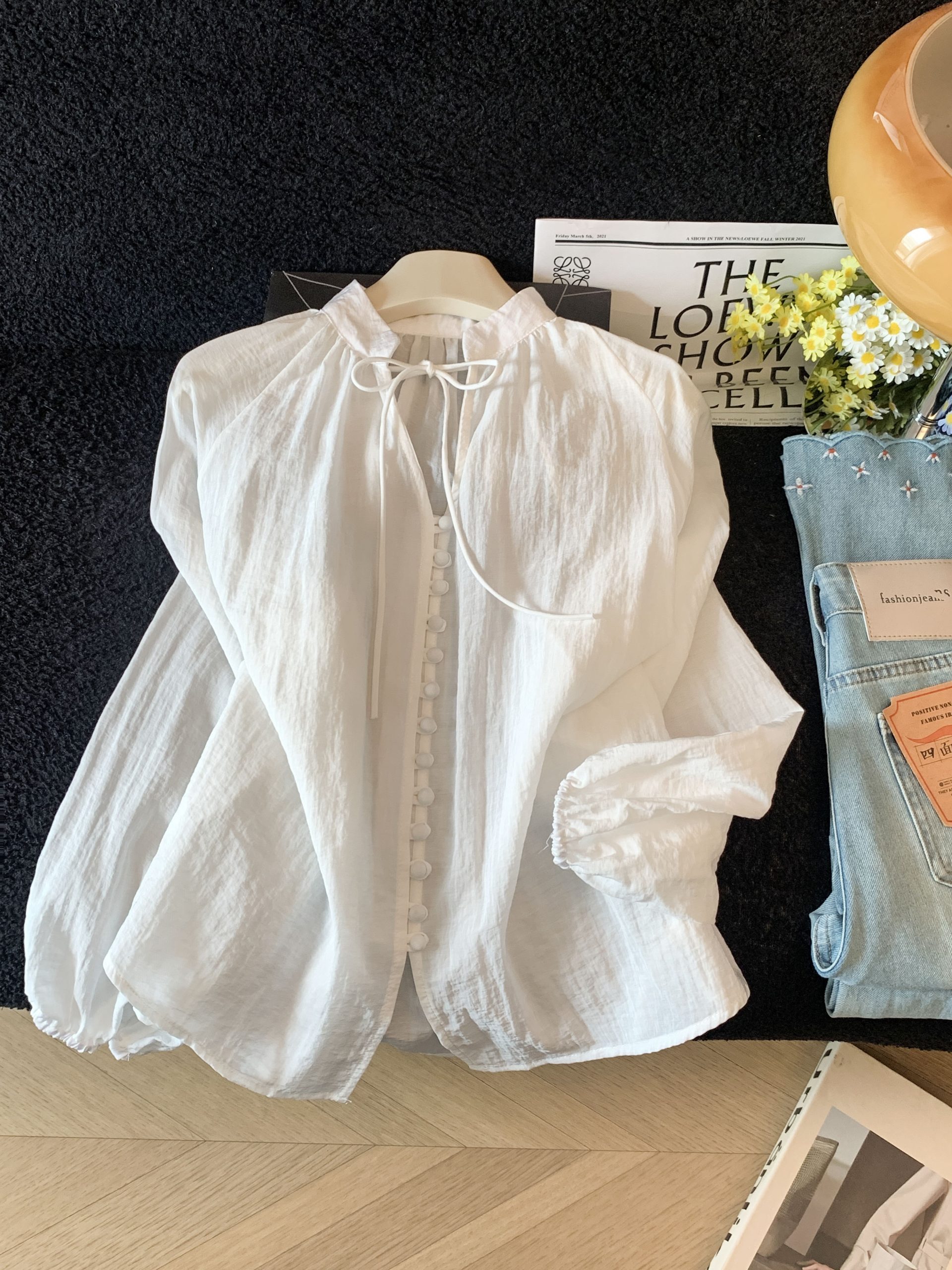 Sheer V-Neck Long Sleeve Blouse with Lantern Sleeves and Button Placket - Image 4