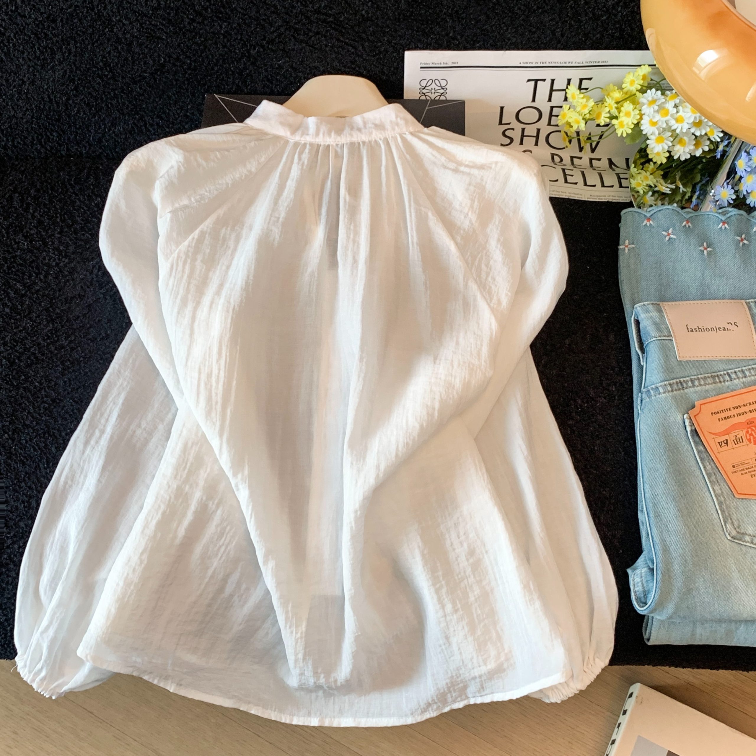 Sheer V-Neck Long Sleeve Blouse with Lantern Sleeves and Button Placket - Image 5